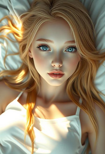 masterpiece, best quality, ultra-detailed, high resolution, digital painting, cinematic lighting, soft shading, perfect anatomy, sharp focus, beautiful face portrait orientation, 8k resolution, symmetrical composition, depth of field, glowing light, subsurface scattering, vibrant colors 
A breathtaking hyperrealistic-style girl with long flowing golden glowing sunlit blonde hair, soft blue eyes, flawless glowing skin, long eyelashes, A breathtaking anime-style girl with long flowing blonde hair, soft blue eyes, flawless glowing skin, wearing a light, sleeveless white top or dress, calm and serene expression, delicate and elegant facial features, relaxed body language, calm and serene expression, delicate and elegant features, soft curves, intrepid gaze, perfectly glossed soft pink lips, gorgeous small medium breasts, 
Lying peacefully on a soft white bed with crisp sheets, gentle natural light filtering in, slight shadows adding depth to her form, subtle warmth in the lighting, cozy and intimate atmosphere, background blurred to keep focus on her