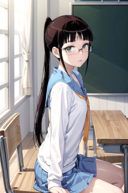 (extremely detailed CG unity 8k wallpaper), (masterpiece), (best quality), (ultra-detailed), (best illustration), (best shadow), (absurdres), 1girl, solo, <lora:miyamoto_v2:0.8>, miyamoto ruri, school uniform, serafuku, glasses, looking at viewer, from side, sitting, classroom