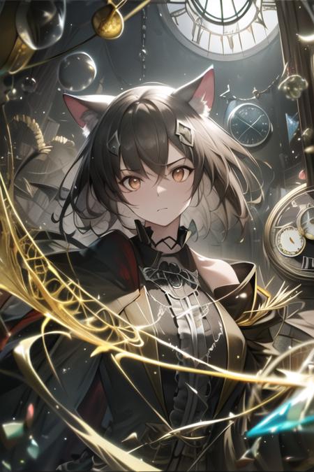 (masterpiece, high quality, best quality, absurdres,colorful :1.2 ), hdr ,((illustration)), ((floating hair)), ((chromatic aberration)), ((caustic)), lens flare, dynamic angle, ((portrait)), (1 girl), ((solo)), mandragora-v1 , cat ears,  animal ears,  animal ear fluff ,((huge clocks)), ((glass strips)), (floating glass fragments), ((colorful refraction)), (beautiful detailed sky), ((dark intense shadows)), ((cinematic lighting)), ((overexposure)), (expressionless), ((frills)), hair ornament,((sharp focus)), 
 <lora:Mandragora-loha:1>