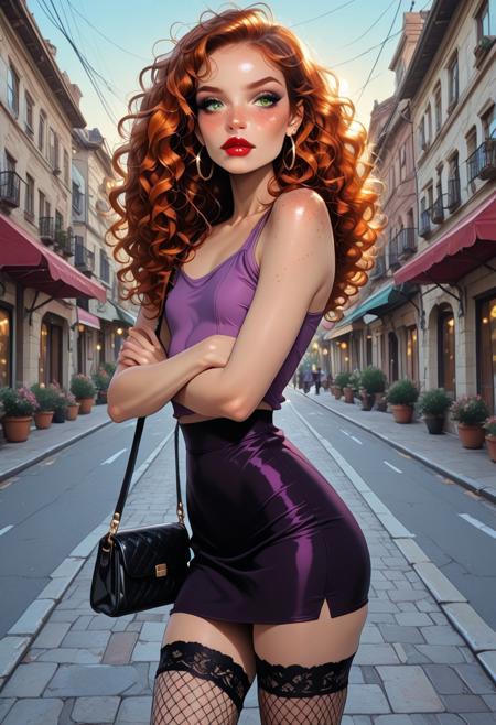 outdoors, busy street setting, sunshine, beautiful, masterpiece, detailed, solo, 1 girl, Sandy, freckles, curly hair, long ginger hair, makeup, red lipstick, eye shadow, hoop earrings, green eyes, looking at viewer, lips slightly parted, tight waist, freckles on shoulder and chest, tiny breasts, shy, cute, skinny, petite, delicate, crossed arms, purple shirt, black mini skirt, high heels, looking at viewer, handbag, fishnet stockings