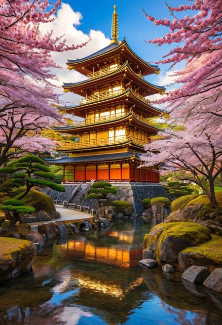 (masterpiece:1.5), unreal 8k wallpaper, unity 8k wallpaper, score 9, score 8 up, score 7 up, masterpiece_portrait, extreme quality, reflection, surface reflection, dynamic lighting, Cinematic style, cinematic quality, ((no humans, no people)), photorealistic, realistic, a spectrum of iridescent colors, precise, fractal design, flowing curves, precision, colorful, fractal geometry, harmonic interference, digital illustration, photo manipulation, altered realities, fantastical scenes, digital artistry, striking visuals, sharp focus, detailed background, light reflection, Japanese architecture of boundless opportunities, (a huge gilded Japanese pagoda), On one side of the gilded Japanese pagoda is a beautiful luminescent stream that whines around the property, you can find enormous cherry blossom trees all over the property with luminescent flowers, a Blue sky Cascades amazing spectrum light across the property, the gilded Japanese pagoda itself is made of such fascinating materials an exotic woods that are highly polished with tinted glass windows, on a beautiful landscape this place is so beautiful, photorealistic, realistic, flowing and bubbling stream, luminescent stream, a light fog over the water, tranquil, day sky, large multicolored glowing stones around the property, clouds, mist, (fairy tale landscape), Godrays,