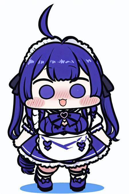 <lora:JazzJack:1>, 1girl, virtual youtuber, solo, minato aqua, long hair, multicolored hair, open mouth, colored inner hair, white background, twintails, heart hands, full body, dress, maid headdress, heart, simple background, blue footwear, two-tone hair, anchor symbol, looking at viewer, smile, bow, blue hair, purple eyes, short sleeves, shoes, blush, wrist cuffs, blue dress, ribbon, bangs, braid, hair ribbon, white bow, drill hair, twin drills, ahoge, standing, ankle cuffs, dress bow, blue nails, puffy short sleeves, maid, purple hair, puffy sleeves, :d, bowtie, frills, streaked hair, footwear bow, anchor print, short dress, breasts, blue bow