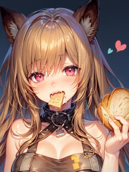 1girl,colarcoast,eating bread,bread,drooling, mouth drool,