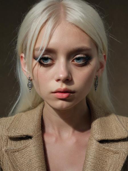 brtia, earrings, burlap jacket,platinum blonde hair, face, neck, skin details, sunken eyes, lower eyelids, eyelashes, soft shadows, moody, masterpiece, score_9, best prompt