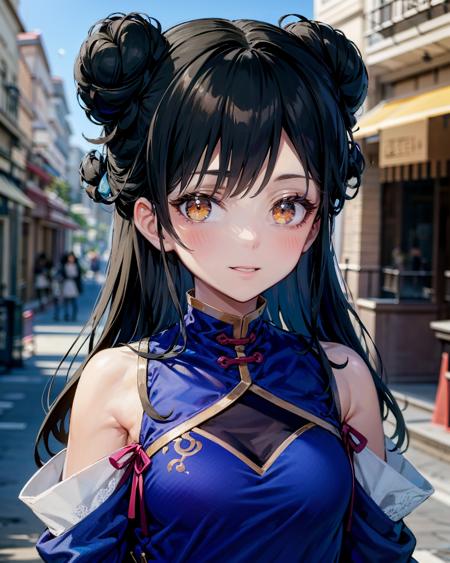 (best quality, masterpiece:1.2), illustration, absurdres,
(1girl, solo, beautiful detailed girl), (upper body, portrait),
<lora:Ashen:0.9>, Ashen Lu, orange eyes, black hair, long hair, braided buns, small breasts,
chinese clothes, china dress, blue dress, red shoes, red ribbons,
chinese architecture,  chinese theme, outdoor, street, sky, buildings
looking at viewer, happy,