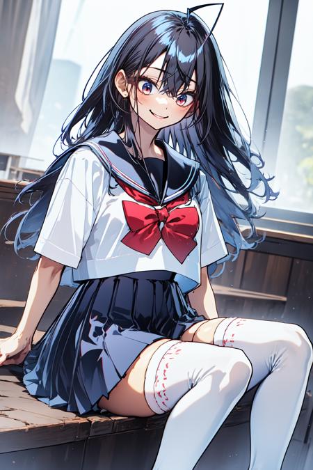 1girl, indoors, cowboy shot, sitting, smile, 
yonagi_kei, red eyes, long hair, black hair, (ahoge:1.2), hair between eyes, bangs, school uniform, serafuku, sailor collar, bow, short sleeves, pleated skirt, thighhighs, zettai ryouiki,  <lora:yonagi_kei_lora_ver1:0.7>, best quality, masterpiece, highres, <lora:GoodHands-vanilla:1>