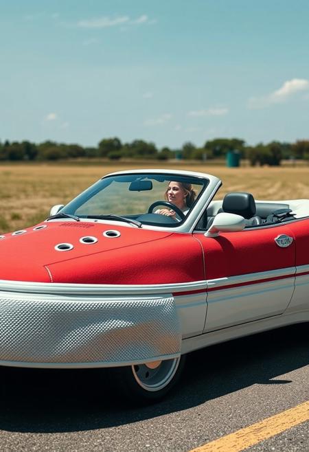 A car that looks like a giant sneaker. convertible car,  (((the body looks like the rubber sole of a sneaker))), eyelets and shoe-laces
A woman driving the car,
Red canvas Vans_Authentic sneaker, detailed sneaker, perfect sneaker, (((visible full car))), entire car is visible