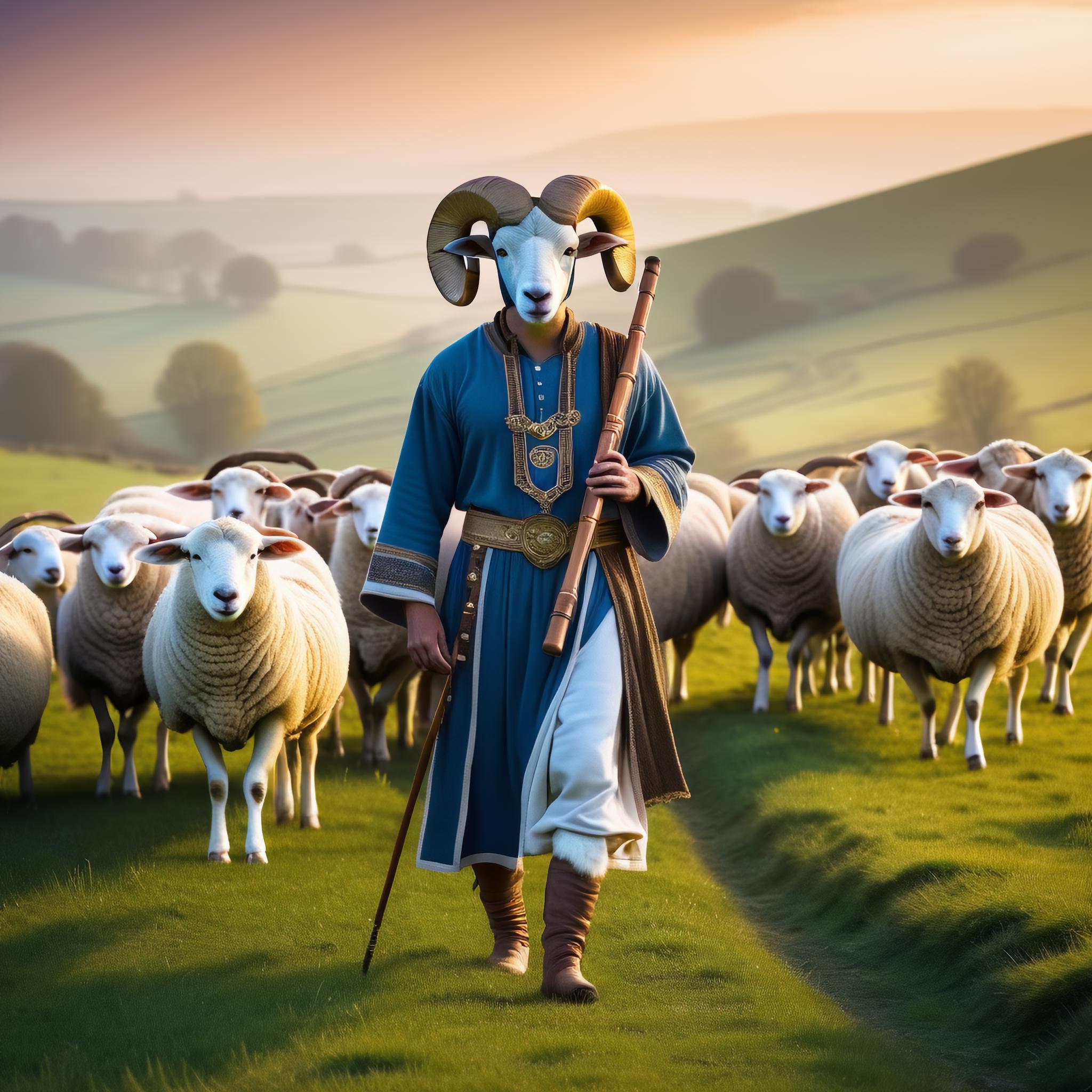 Positive prompt :  A humanoid ram wearing a shepherd's outfit, with a flute in hand, in rolling meadows, surrounded by sheep, at dawn.