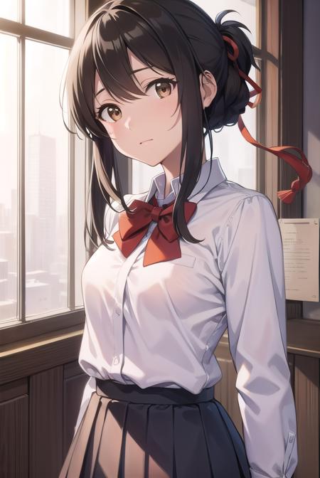 mitsuhamiyamizu, <lora:mitsuhatest:1>,
mitsuha miyamizu, black hair, (brown eyes:1.5), hair ribbon, (small breast:1.2),
BREAK bow, bowtie, kneehighs, pleated skirt, red bow, red bowtie, school uniform, skirt, white shirt, long sleeves,
BREAK looking at viewer,
BREAK indoors, classroom,
BREAK <lora:GoodHands-vanilla:1>, (masterpiece:1.2), best quality, high resolution, unity 8k wallpaper, (illustration:0.8), (beautiful detailed eyes:1.6), extremely detailed face, perfect lighting, extremely detailed CG, (perfect hands, perfect anatomy),