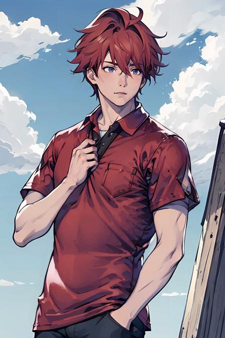 1boy, portrait, upper body, red_hair, red_eyes, blue sky, cloud, sunny, white shirt, collared shirt, man, hand in the pocket, serious face