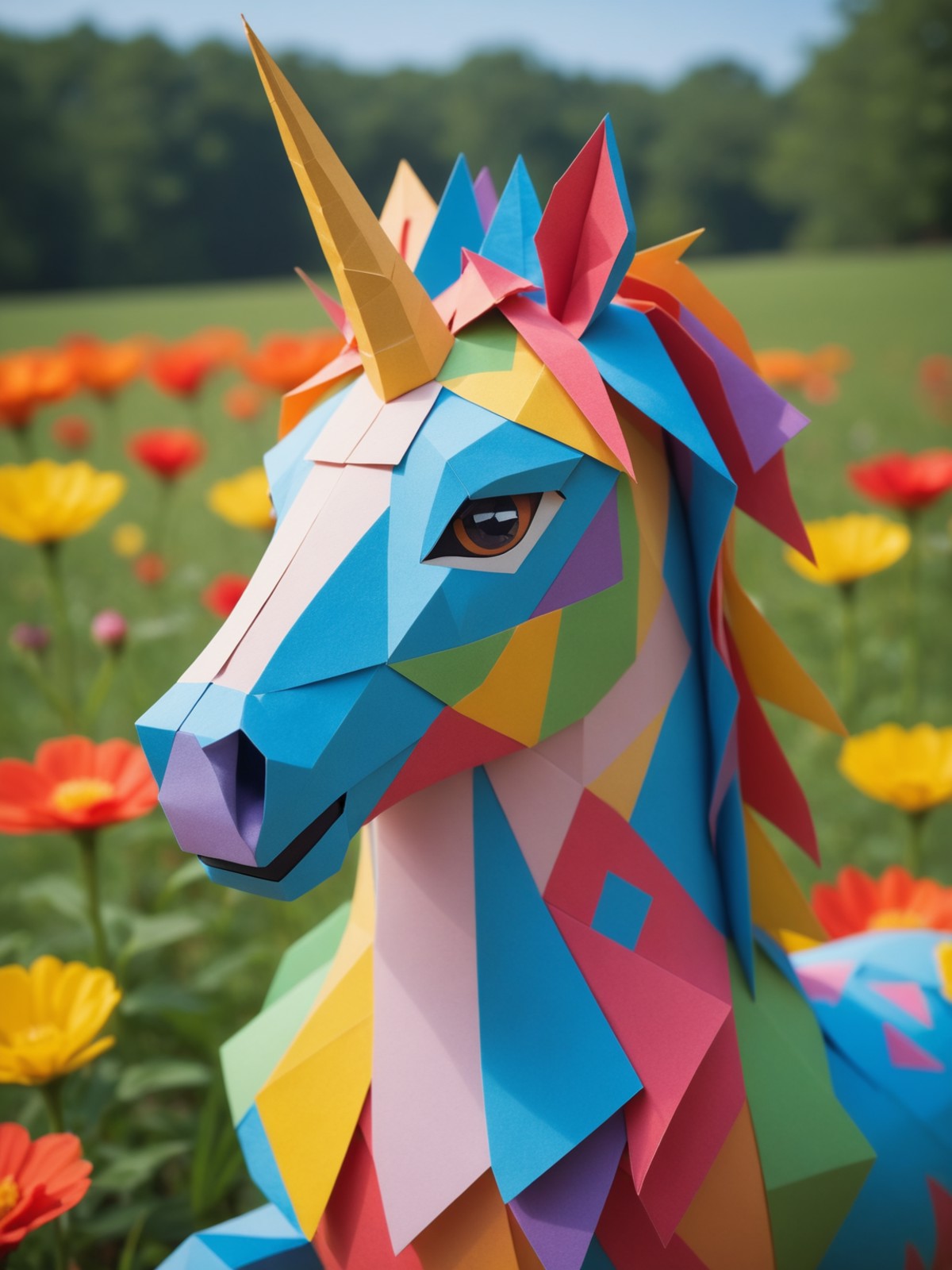 Ultra-detailed multicolored unicorn horse made from paper origami, on a field in Adventure Time, portrait, 2d, Traditional...