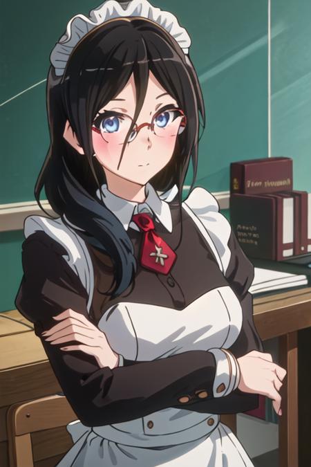 best quality, masterpiece, highres, solo, {maid:1.40}, {long maid dress:1.15}, {tanaka_asuka_soundeuphonium:1.15}, black_hair, long_hair, glasses, blue_eyes, blush, red-framed_eyewear, serafuku, over-rim_eyewear, semi-rimless_eyewear, closed_mouth, hair_between_eyes