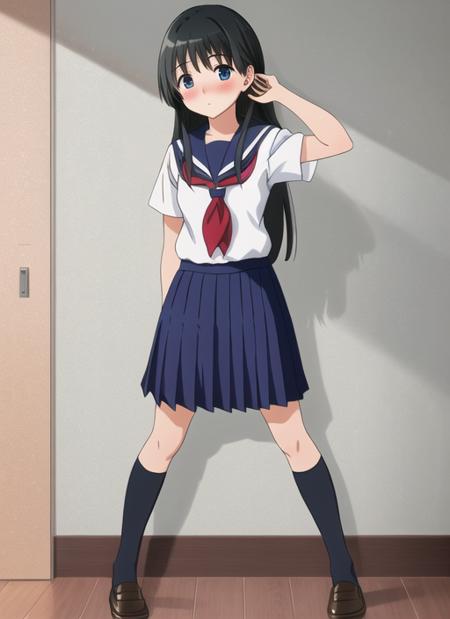 <lora:saten:0.6> ,saten ruiko,very detailed ,highres,(masterpiece_1.0),(best quality_1.0),kneesocks, school uniform, full body,legs,(standing),long hair,lifting skirt,blushing,shy ,feet,looking at viewer