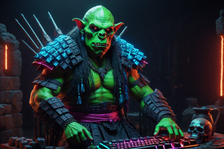 an orc shaman made out of RGB Keyboards, with green skin, wearing a robe with bone jewelry, holding a staff with a skull, solo, from the Nightstalker Clan, with black leather armor glowing with RGB lights and stealth markings, a digital war tent with neon leather walls, RGB weapon racks, maps on a table with RGB lights, detailed background, forging a weapon, hammering on an anvil, with RGB lights flashing, focused, intense gaze, emitting RGB lights, wide shot, a digital pit fight tournament with orcs fighting, crowds cheering, blood with RGB lights on the ground, two glowing RGB axes with RGB lights, nearby, on neon rocky terrain, jagged stones with RGB lights, an electric storm with RGB lights in lightning, neon flashes, dawn, soft pink and orange hues, early light, fresh air, best quality, vibrant colors, photorealistic style, high detail, high-definition, hyper-realistic, extremely high-resolution details, fine texture, incredibly lifelike, realistic, not cartoon, not drawing, highres, 4K resolution, source photo, realistic photo, masterpiece, best quality, amazing quality, very aesthetic, ultra-detailed, detailed textures, natural lighting, soft lighting, cyberpunk neon colors, deep blues, fiery reds, electric spark, sharp and vibrant, dynamic angle, wide shot, <lora:RGB_Keyboard_themed-000008:1>