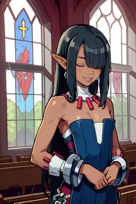 Clergy,flat chest ,pointy ears,  hair over eyes ,black hair, jewelry. long hair, dark skin, 
bare shoulders ,cuffs , green strapless dress ,shackles,  smile,  
upper body , hips, 
 church, milky way,  windows, 
(insanely detailed, beautiful detailed face, masterpiece, best quality)
 <lora:Clergy-10v5:0.7>