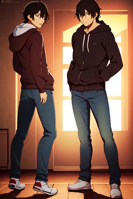 masterpiece,bestquality,ultra-detailed,Cinematic Lighting,llustration,masterpiece, best quality, solo, 1boy, male focus, black hair, hood, hoodie, looking back, ahoge, pants, jeans, brown eyes, denim, full body, skatesrealistic and detailed clothes, fine fabric emphasis, photorealistic, (extremely detailed), detailed hair, best resolution, best quality, best resolution, best quality, (Masterpiece), extremely detailed face, Original Character, perfect lighting, best colors, colorful, beautiful, fine detail, ultra high resolution, Natural Volumetric Lighting And Best Shadows, Deep Depth Of Field, (Highest Quality, Amazing Details:1.4),  <lora:Koyomi Araragi:0.7>