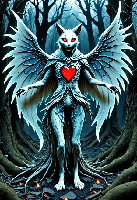 masterpiece, high score, great score, absurdres, source_anime, anthro feline character, organic wings decaying mid-flight, glowing heart visible through cracked chest, roots growing from legs into the earth, tattered flesh robes, expression of transcendence and horror, anime ghost horror vibe, pale embers falling, organic macabre, silent reverence