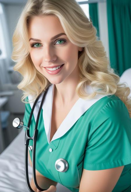 8K. UHD. (High details and aesthetics face:1.07), A beautiful blonde babe with white pantythose, blonde wavy hair until waist, green eyes, wide smile, breast, blue nurse uniform gown, lips, as a nurse who takes care of you for all night in a private hospital room, holding a stethoscope. (Professional illustration), Nurse POV, dynamic pose POV