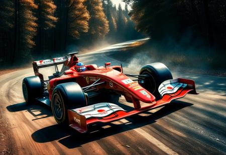 32k HDR Colorfull photorealistic , Ferrari red F1 car, digital painting, goo fast in dirty forest road, backgrund tree, Canon eos r3 , canon fish eye lens, masterpiece, award winning photo