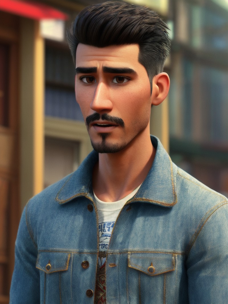 pixarstyle a waist-length portrait of a mestizo guy of Asian and European, modern look, city, hipster natural skin texture...