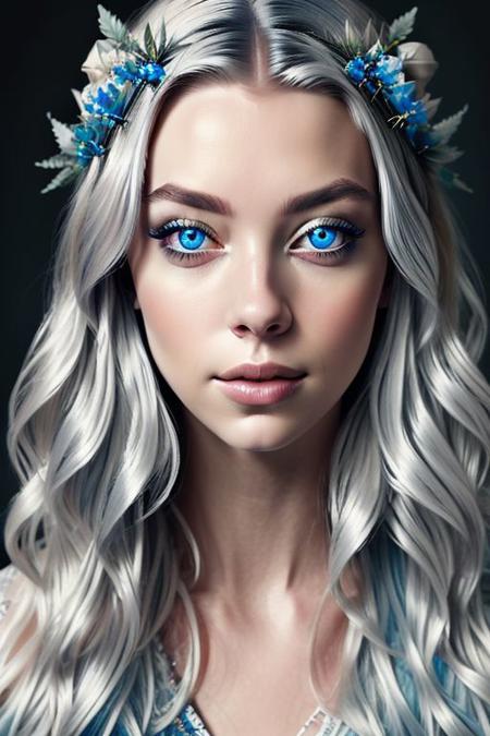 hyper-realistic portrait of a mysterious woman with flowing silver hair, piercing blue eyes, and a delicate floral crown,