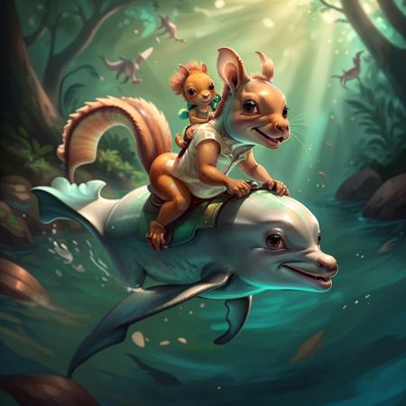 a squirrel riding a dolphin <lora:riding_a:1>