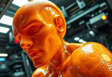 “Plastic Man morphing into an orange, blending human and fruit features with intricate high-technology details. His body exhibits glossy, translucent plastic textures merging seamlessly with the vibrant, textured orange peel. Random, glowing, fancy spots illuminate the scene, resembling futuristic bio-luminescence. The setting is an abstract, high-tech environment, filled with mechanical and organic elements. Rendered with cinematic prime lens effects, using a fisheye 12mm perspective for dramatic distortion and dynamic depth, showcasing surrealism with stunning visual clarity.”
