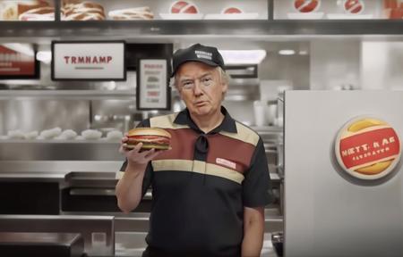 Trump768 ,  cashier in a fastfood restaurant holding a hamburger, red long tie,  detailed eyes, photography, ultra-sharpness, highest quality, art of Anya Millen, smooth, clear focus, trend on artforum, behance hd, muted colors    <lora:Trump768:0.7>