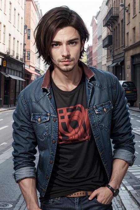 Michael Renne X'voor,  solo,  brown hair,  shirt,  1boy,  jacket,  upper body,  male focus,  facial hair,  denim,  stubble, <lora:EMS-45456-EMS:0.400000>