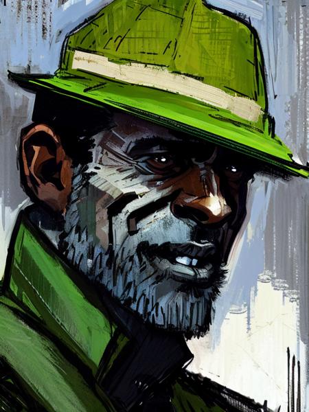 (A_Rostov_Style:0.8) <lora:DE_Alexander_Rostov-06:0.9>, illustration, portrait,black male, handsome, brutal,  green hat ,  flirty dynamic pose, rough brush strokes, soothing tones, calm colors, art by greg rutkowski and artgerm, (intricate details:1.12), hdr, (intricate details, hyperdetailed:1.15), slate atmosphere, cinematic, dimmed colors, dark shot, muted colors, film grainy, lut, spooky