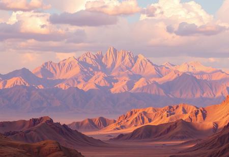 Photorealistic fantasy landscape image of a desert mountain range