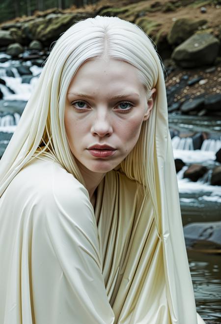 close up analogue photo of a beautiful 25 years (((albino woman:1.5))) with white hair (((pale skin:1.5))), white hair, <lora:Lumiya_SDXL:0.6>, A woman kneels at the edge of a mountain stream, face reflected in water, robes of earth-toned silk trailing into the current, painterly brushwork and natural light.