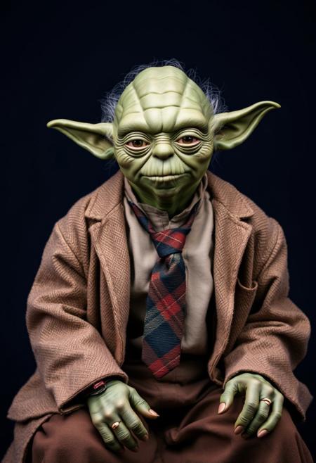 ​A studio shot hyper-realistic portrait of Yoda. He is sat in a tweed country jacket, cream tattersal shirt and tartan tie against a dark blue backdrop. He looks directly toward the camera. Professional studio portrait photography with classic portrait lighting and shallow depth of field against a seamless backdrop.