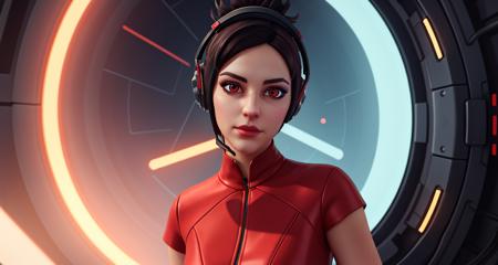 <lora:VRAMsDemi:0.5> vramsdemi, 1girl, neon dynasty, cyberpunk, mechanical, red dress, short sleeves, high collar, headshot, dystopian futuristic, timeless, impossible space, circular patterns, three quarter view, rule of thirds, off center, red eyes