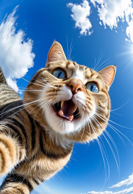 close-up cat taking a selfie, fisheye effect style, happy mood, strong facial expression, blue sky background with cirrus clouds,