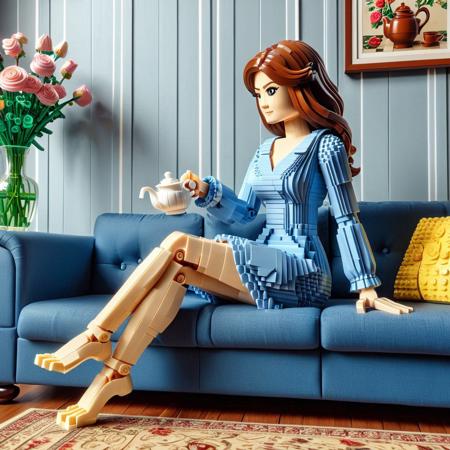 expert Lego set, solo, absurdres, 1girl, breasts, gluteal fold, cute, hands, touching teacup, full body, feet, side view, teapot on table, 1female sitting on sofa, full sleeve dress, beautiful indoor background, vase, flower, couch, wall decoration, best quality, detailed image, 4k, 8k
