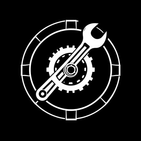 (stylized logo, emblem, vector art), (a wrench fitted into a wheel in the form of a circle), (solid colors, thick-linework), white outline, black background, 
a wrench fitted into a wheel symbol white in the center, heraldic, black background, HDR, UHD,