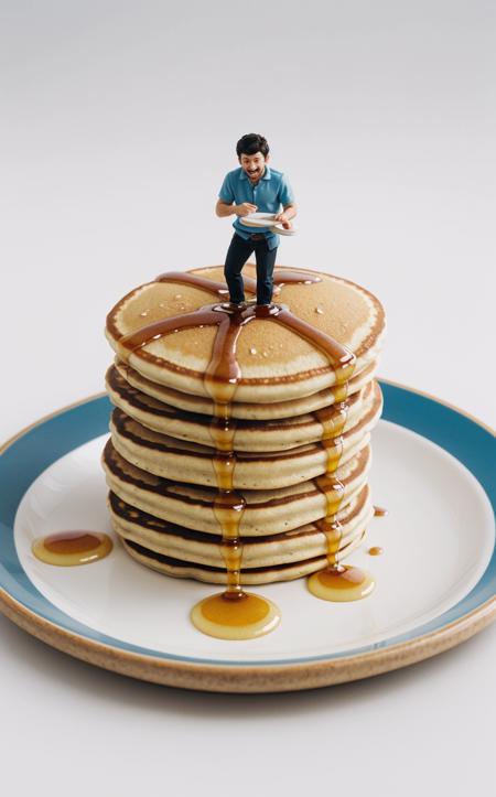 miniature world, (1man on the pancake:1.2), <lora:Miniature world(final1):1>, pancake, plate, syrup,simple background, white background:1,mid shot:1.2,