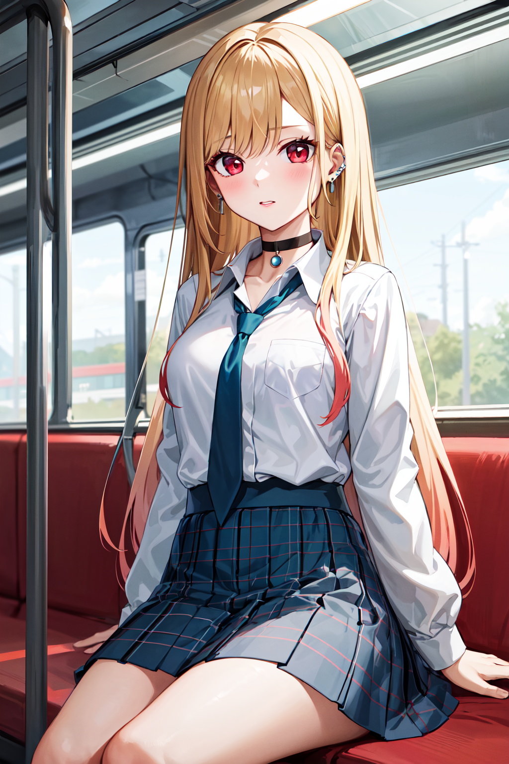 masterpiece, best quality, highres, kitagawa marin, 1girl, blonde hair, long hair, multicolored hair, red eyes, jewelry, e...