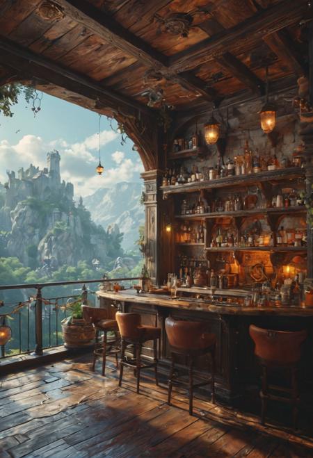 Spacious bar counter,medieval style,(overhead shot:1.1),(indoor view:1.2),
Lively patrons gathered together,
Lavishly decorated bar,
Gemstone-inlaid goblets,
Large fireplace warming the room,
Wooden ceiling adorned with lanterns,
Display racks of various magical drinks,
Comfortable leather sofas and chairs,
Expert mixologists crafting delicious beverages,
Joyful music and laughter,
sky island Trending on Artstation,ultra realistic digital art,<lora:MJ52:0.5>,<lora:add-detail-xl:1>,multiple_views,cinematic_angle,