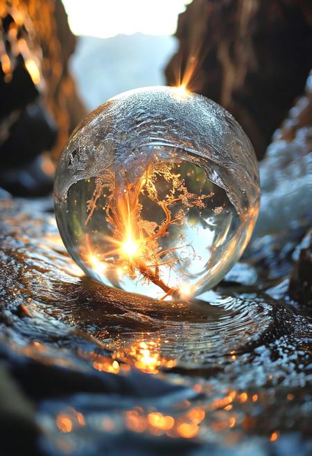 Within a crystal sphere, a mesmerizing dance unfolds. Fire, like a fleeting spark, ignites the parched plains of a young Earth. Volcanoes, slumbering giants, exhale wisps of trapped water, fueling the cycle that nourishes the world. The sphere itself, once molten, now holds a hardened shell, sculpted by the relentless caress of wind. Water, a celestial gift from comets' icy embrace, fills the caverns, birthing oceans that reflect the celestial ballet above.  Even now, these elements pirouette and twirl, shaping and reshaping the world encased within this fragile sphere of glass.