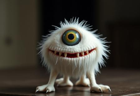 a white muppet with one central alien eye, and real sharp teeth, and three hoofed legs