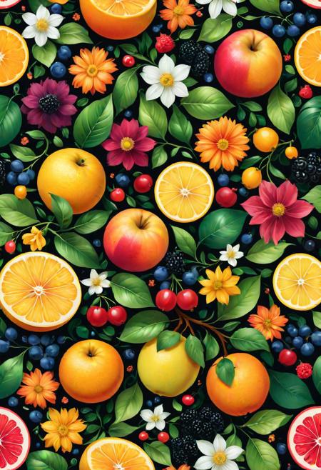 A mesmerizing digital illustration showcasing a fruit pattern in ultra-high definition 8K resolution, with every intricate detail of the design brought to life with remarkable clarity and precision. The pattern is embellished with delicate flowers and foliage, their petals and leaves dancing gracefully across the surface in a symphony of color and form