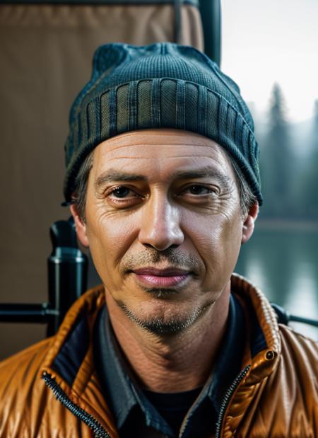 ( <lora:SteveBuscemi:1>) a close up Portrait photo of (sb1) man with short hair, Detailed face, (perfect eyes), (highly detailed skin:1.1), perfect body, wearing a ((Quilted Jacket, Fisherman's Beanie, Rubber Gloves, Fishing Spear, Folding Chair)), Modelshoot style, Professional Photography, soft lighting, PHOTOREALISTIC, Realistic, standing in a dark studio background, blurred background, volumetric fog,. RAW, analog style, sharp focus, 8k, HD, DSLR, high quality, Fujifilm XT3, film grain, award winning, masterpiece,