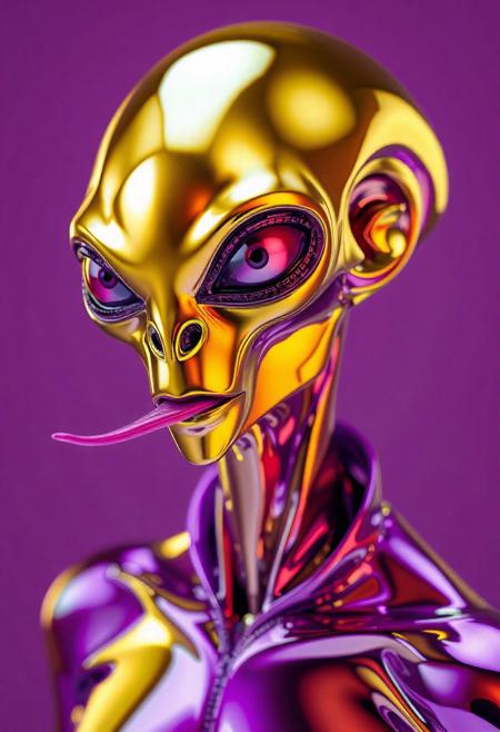 abstract male alien model in chrome latex shiny full body outfit  avant-garde style with reflective gold and purple bold Color Scheme   He has a small nose and slim mouth with a long tongue