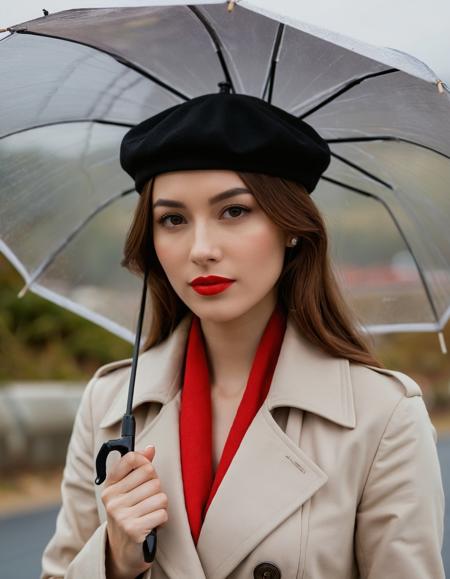 A photo-realistic shoot from a front camera angle about a woman holding an umbrella in an outdoor setting, wearing a beret and a red scarf. the image also shows a woman in the middle of the frame, who appears to be 20 years old, with light skin and dark hair styled in wavy hair. she is facing the viewer, looking directly at them with a neutral expression, and her brown eyes are looking at the viewer. her lips are painted with red lipstick, and she has a ring on her finger. the woman is holding an open black umbrella, and the background is blurred, with a blurry figure of a person in the distance. the overall mood is moody and moody., 1girl, solo, looking at viewer, smile, black hair, hat, long sleeves, holding, brown eyes, blurry, open clothes, blurry background, red headwear, red scarf, ring, coat, holding umbrella, nose, realistic, umbrella, red beret, camera_angle: front, art_style: photo realistic, location: outdoor, background: blurred figure of people in a city setting, text: NA, distance_to_camera: upper body, clothing: beige coat, image_composition: middle, pants: NA