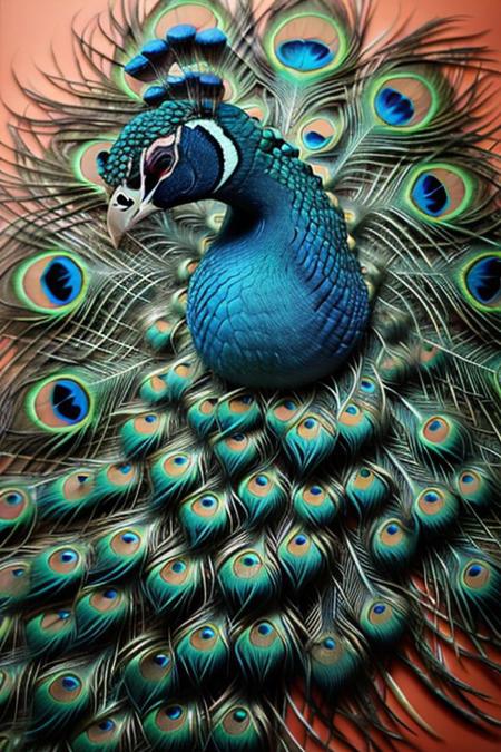 Definition, Impeccable Detail, Premier Quality, Best-in-class, (Photorealistic), (Lifelike), raw photo,peacock,  abstract painting with varying colorful geometric shapes on a textured background, sculpture of a peacock standing in front of the abstract painting