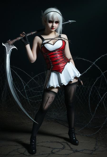 A girl in a white dress with black tights, in a red and silver color scheme, with a dark fantasy style, a full-body shot, surrounded by barbed wire, holding a large scythe, wearing black shoes, with white hair, in the style of cosplay photography art, in a front view, against a dark background, with a cute little face, in a cute cartoon design, a detailed character illustration, with detailed costumes, and black shadows on the ground, in a gothic style.,distressed expression.