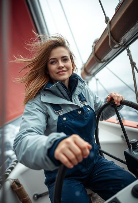 beautiful woman steering sailing yacht in heavy seas, rain jacket, overalls, hair blowing, close up