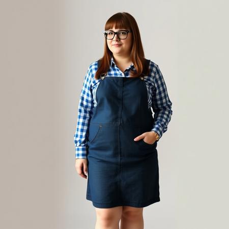 full body shot of a chubby adult woman with long straight bangs, glasses, a blue gingham button down shirt and a dark denim overall dress, and pink flip flops cottage-core style blog post